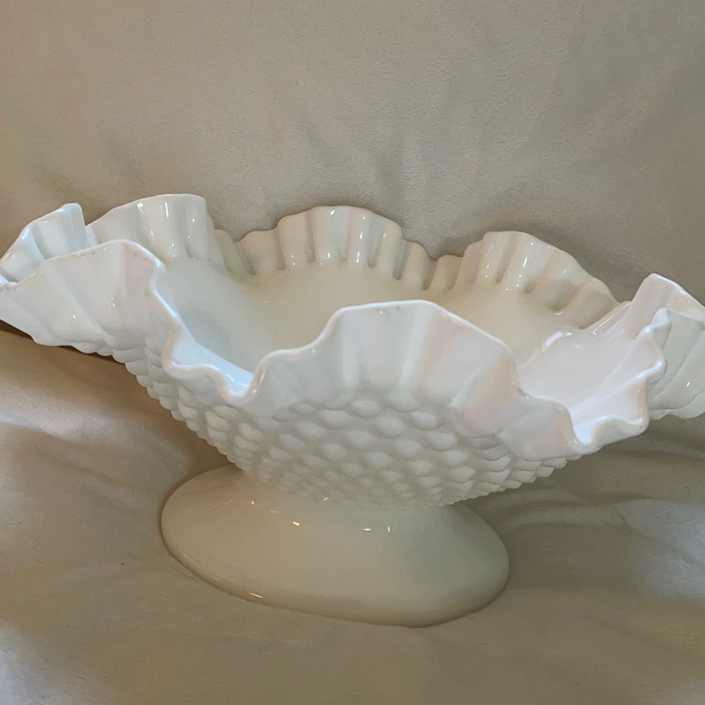 Vintage Fenton Hobnail Milk Glass Crimped footed bowl